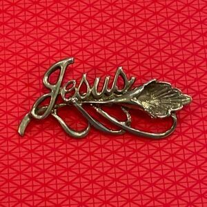 Vintage signed BSK Jesus flower silver-tone brooch